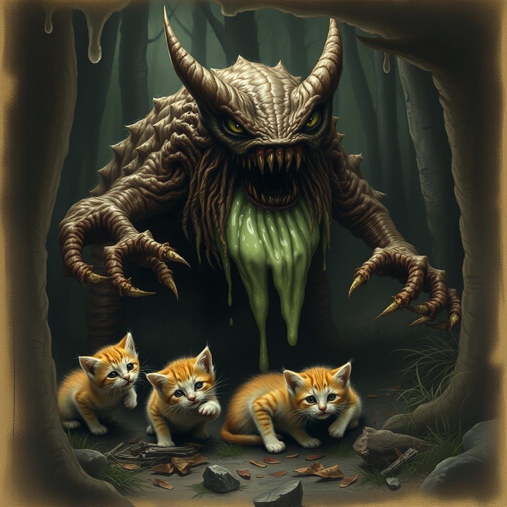 Kittens Face Slime Monster in Dark Forest