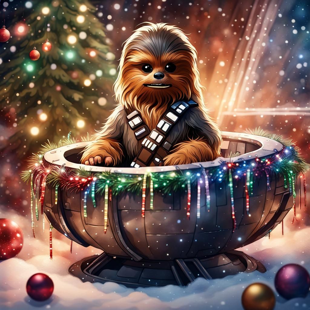 Baby Chewbacca's Christmas in Millennium Falcon Cradle