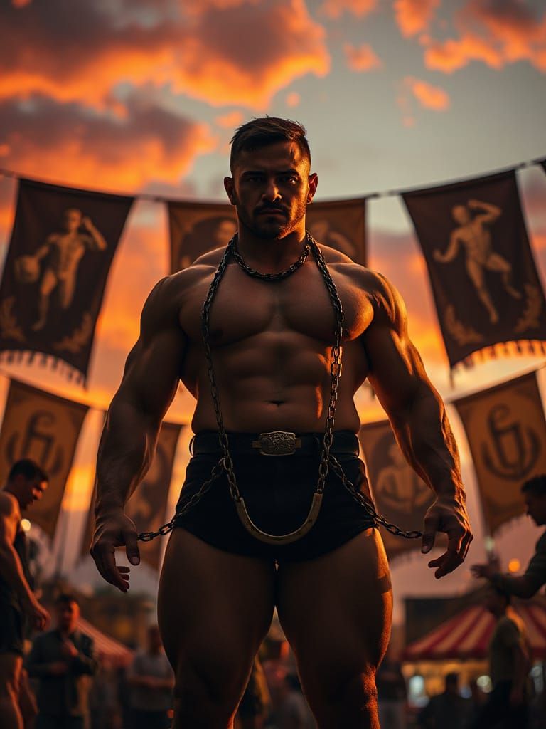 Strongman Radiates Mythic Force Under Twilight Circus Sky