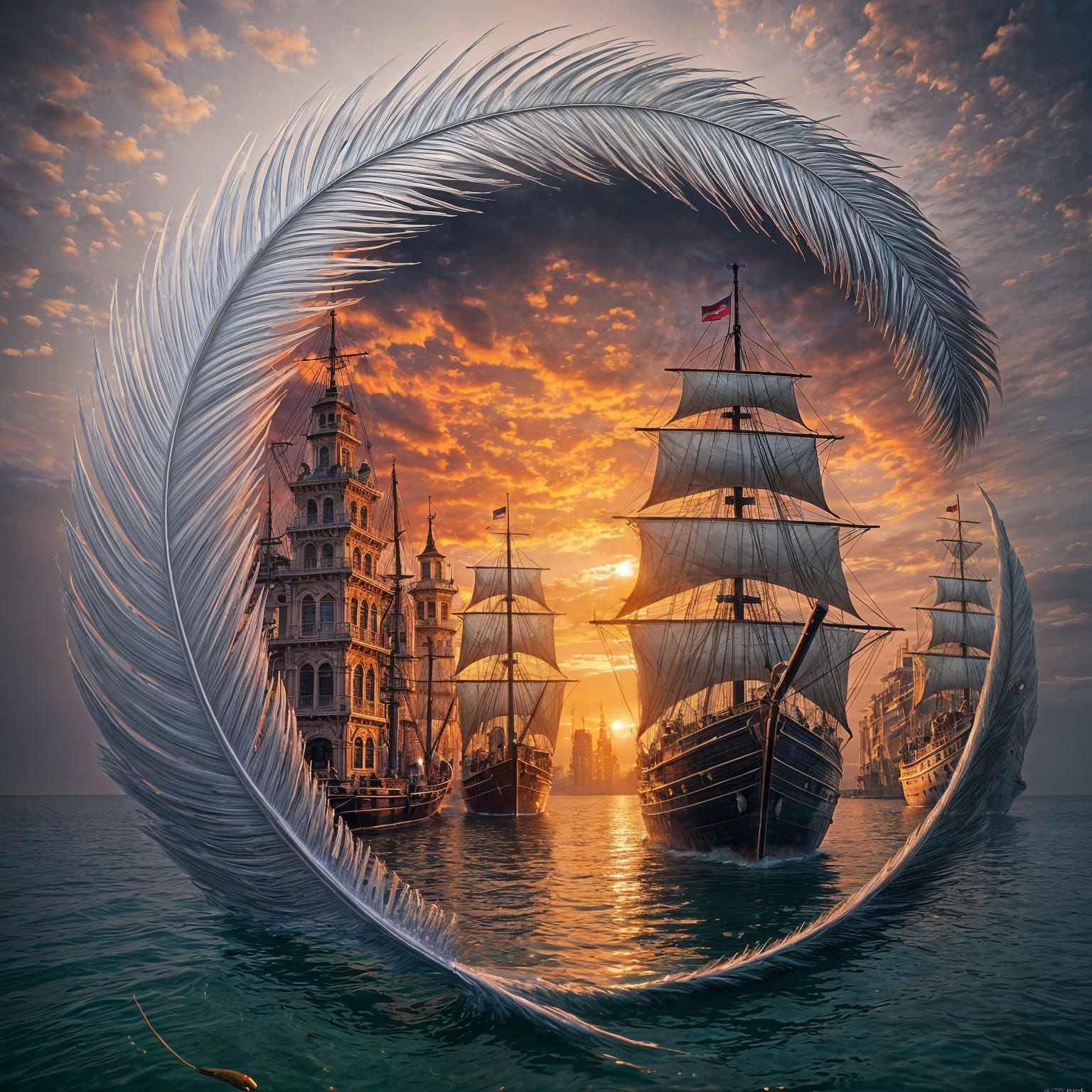 Fantasy Harbor Scene Framed by Feather at Sunset