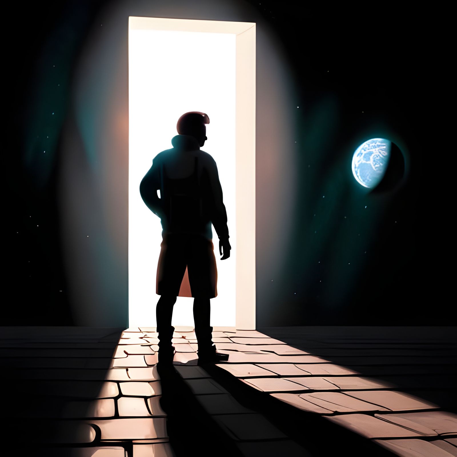 Cosmic Silhouette in Doorway with Synthwave Shadows