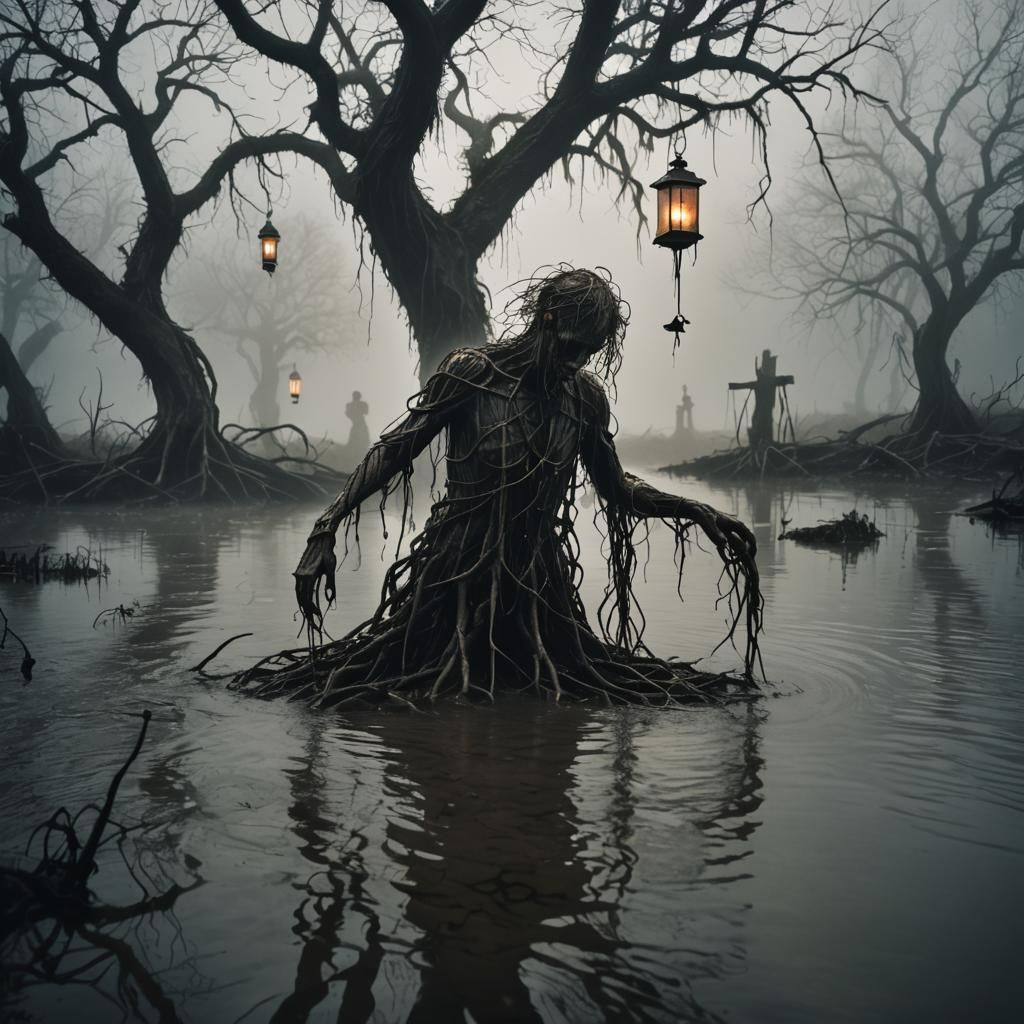 Dark Fantasy Drowned Figure in Misty Marsh