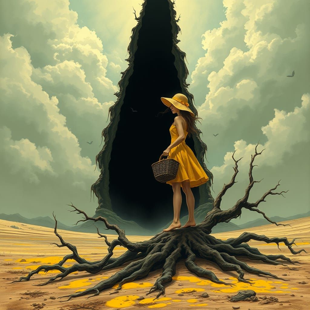 Eerie Landscape with Woman and Cracked Sky