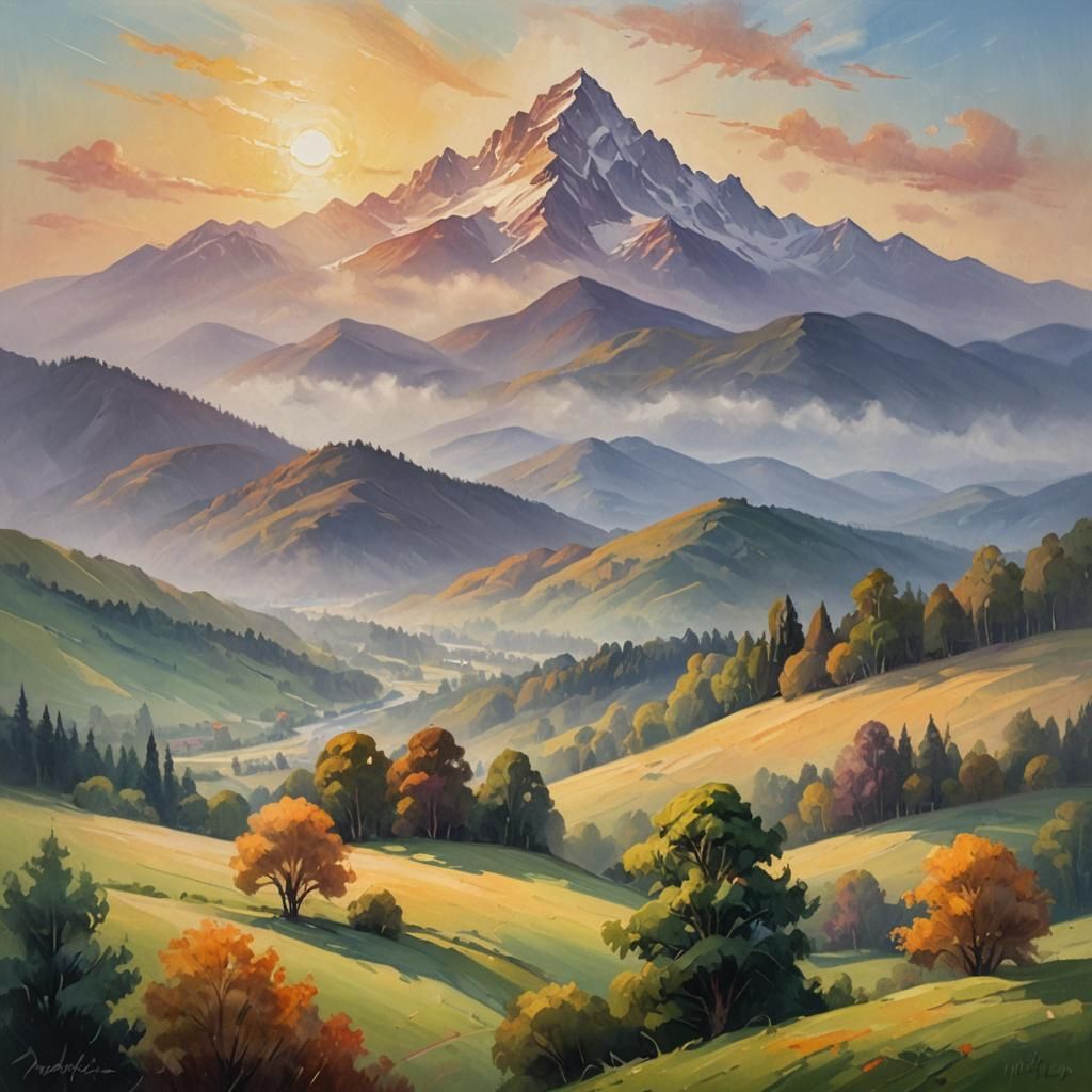 Majestic Mountain in Impressionist Oil Painting
