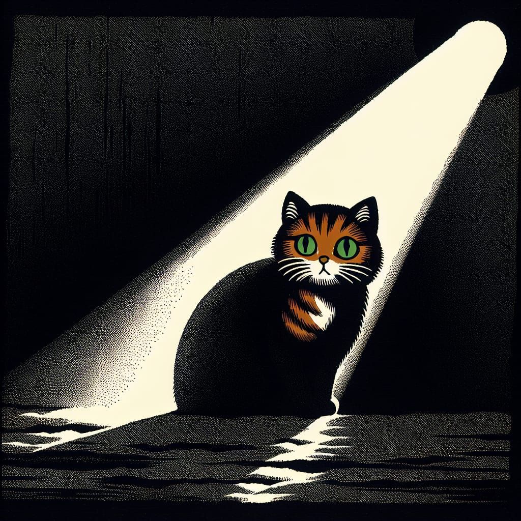 Marmalade Cat Illuminated, Japanese Woodblock Print Style