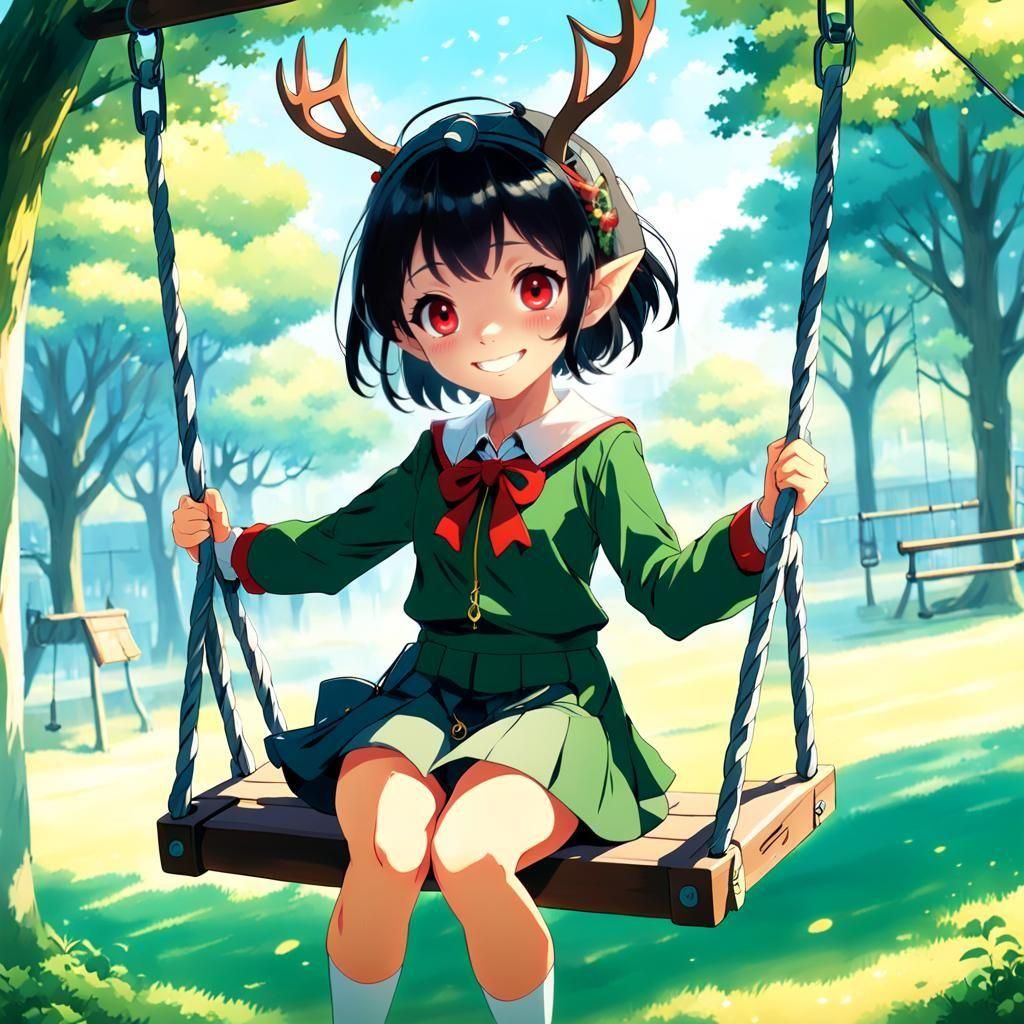 Anime Elf Girl on Swing, Ghibli-Inspired
