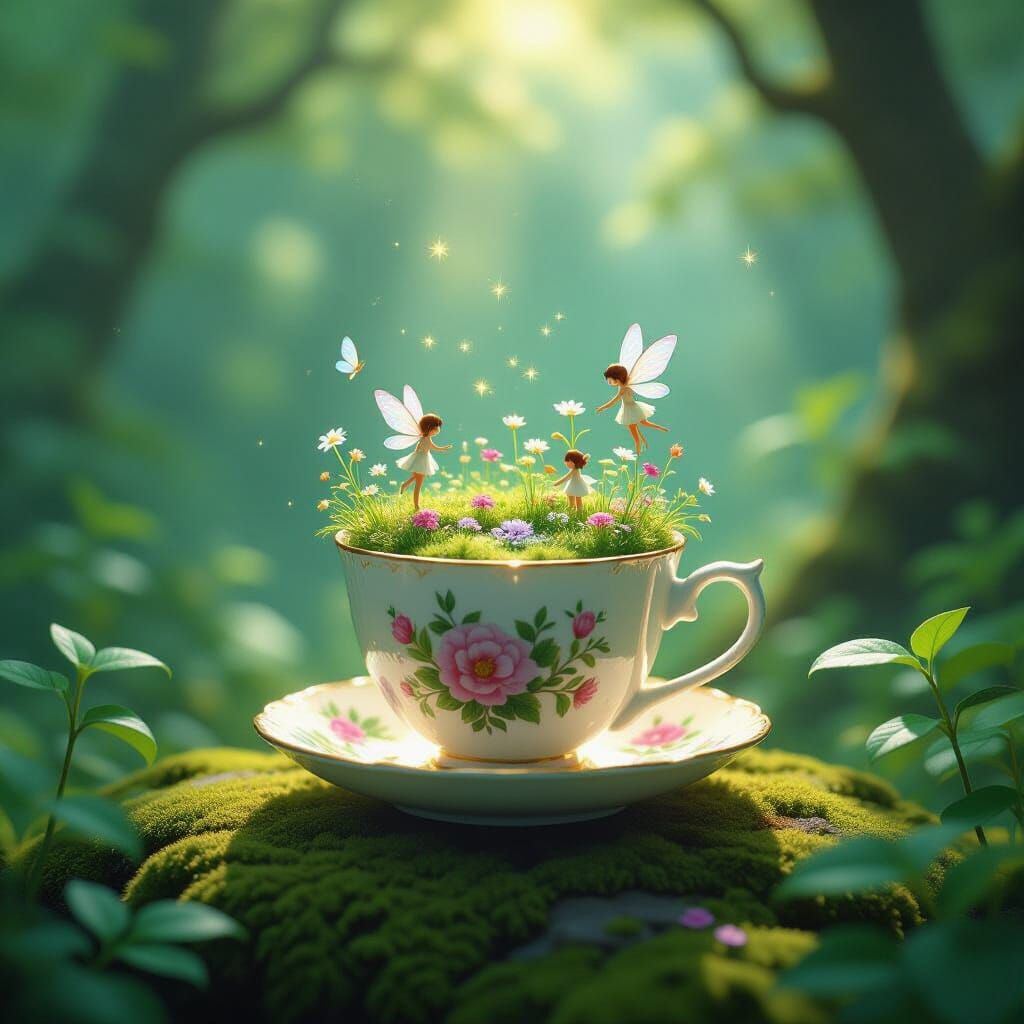 Enchanted Garden Teacup with Sprites in Ghibli Style