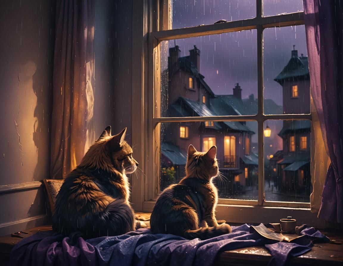 Cozy Rainy Night Nook in Dramatic Oil Painting Style