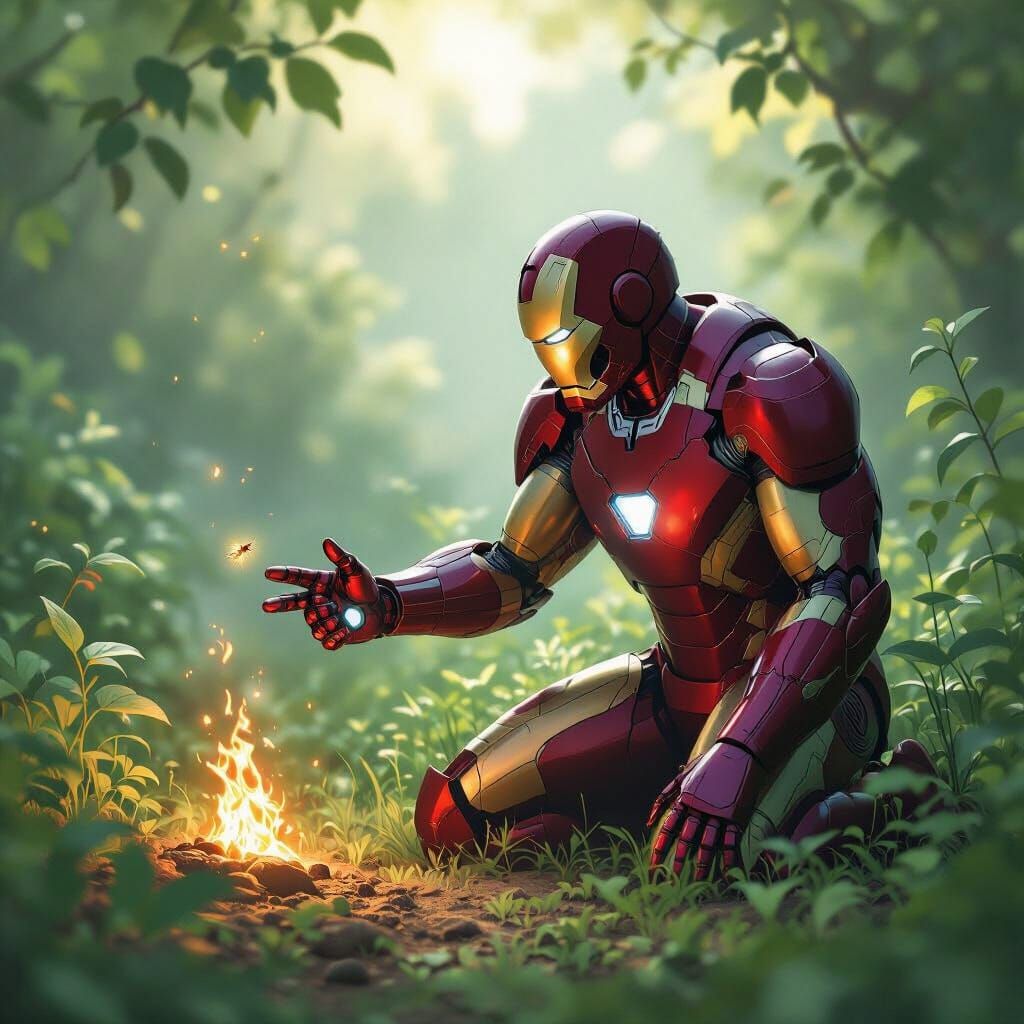Iron Man Kneels in Garden with Firefly