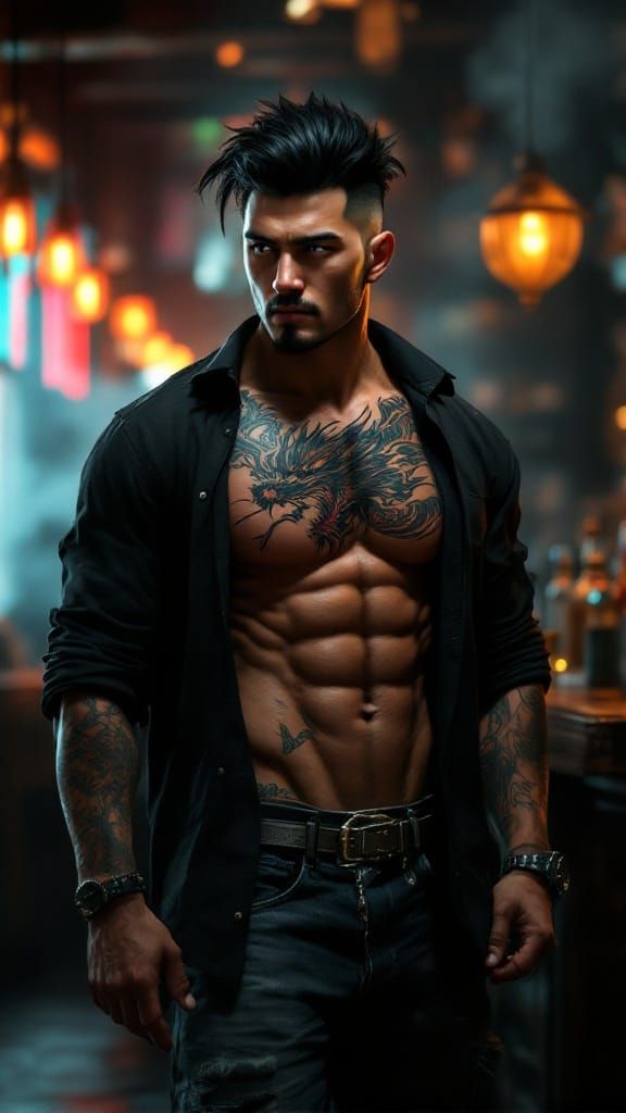 Dragon Tattooed Man in Bar: Anime Concept Art