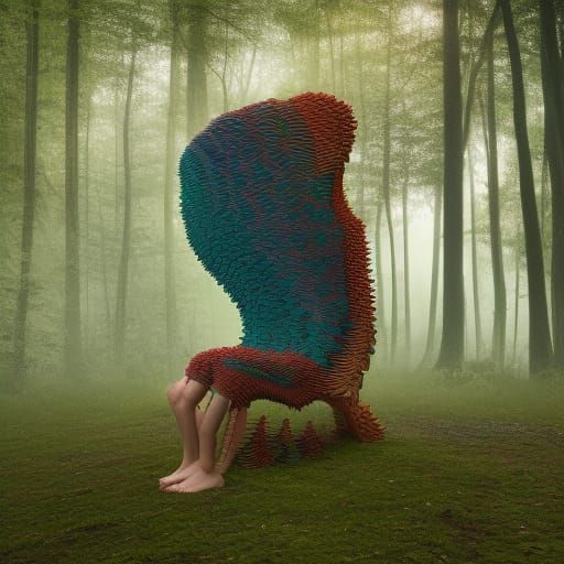 Surreal Chair of People in Forest, Rich Colors