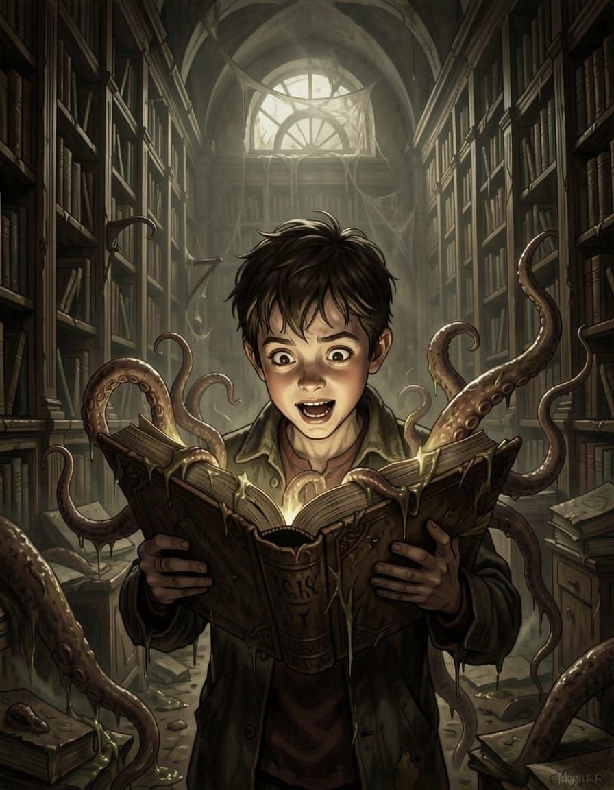 Boy Reading Ancient Book, Tentacles Emerge in Horror Style