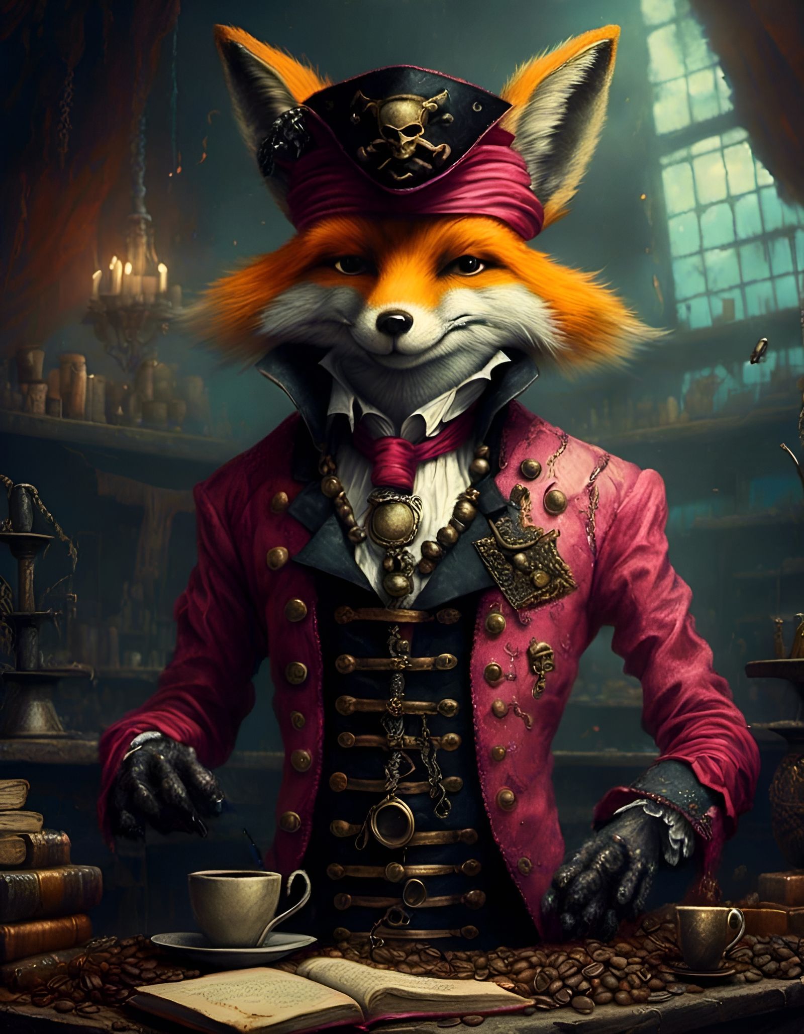 Proud fox pirate with his coffee booty.