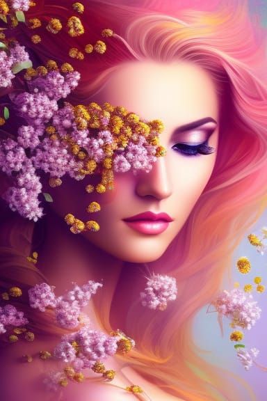 Glittering Woman Portrait with Flowers and Bees