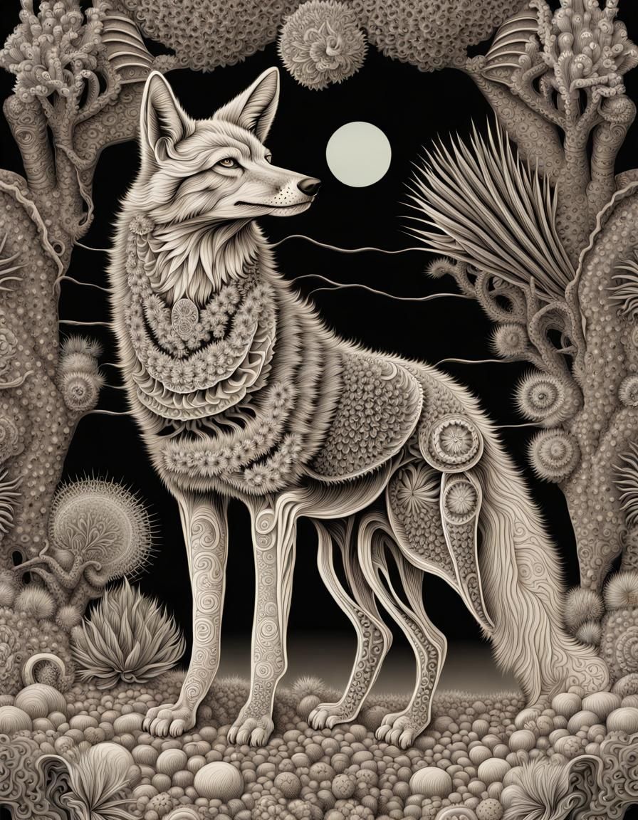 Ornate Coyote in Desert, Biological Illustration Style