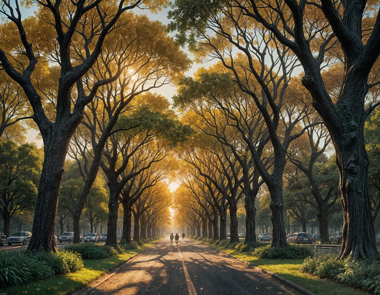 Tree-Lined Avenue at Sunset in Detailed Render