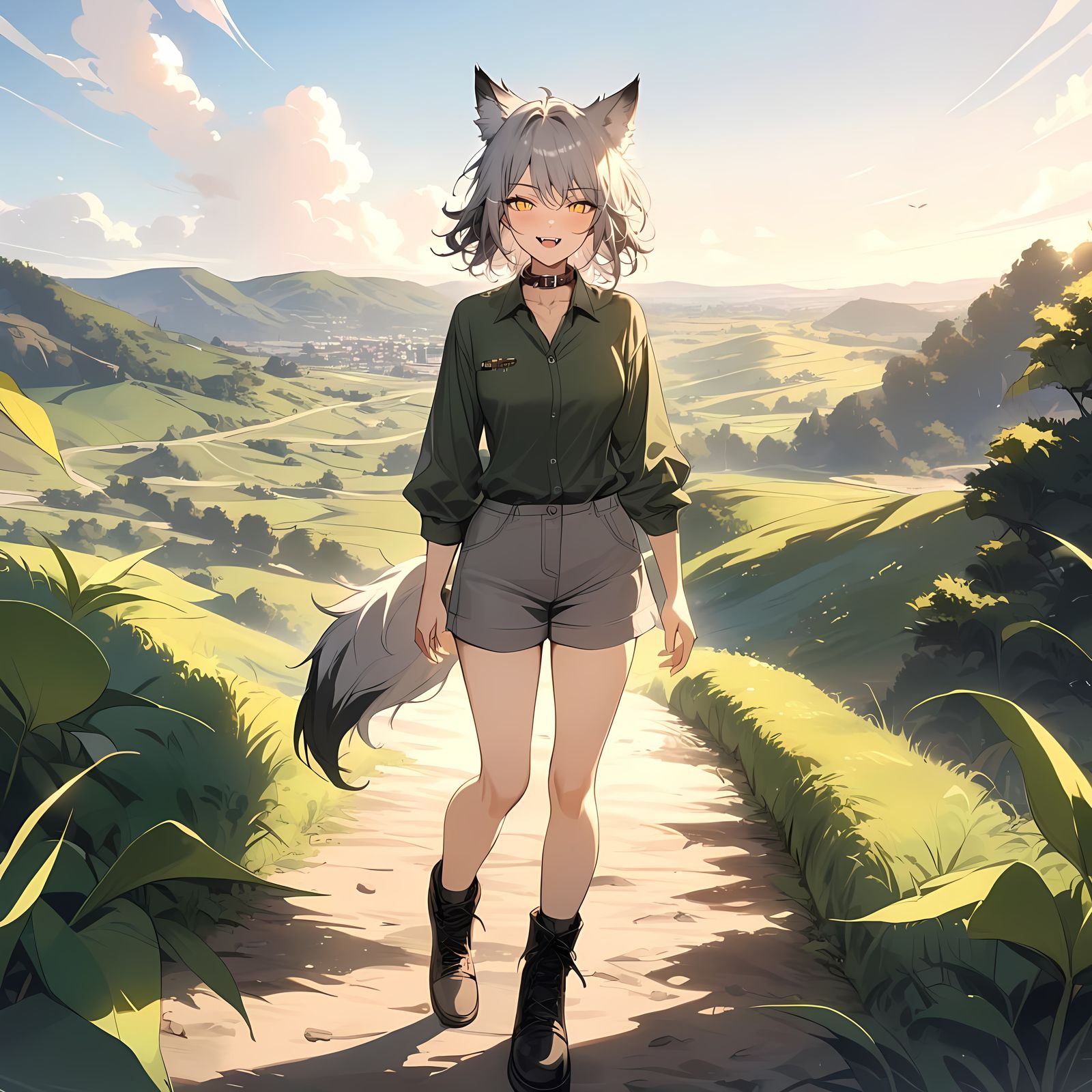 Wolf-Girl Runs Through Countryside on Sunny Day
