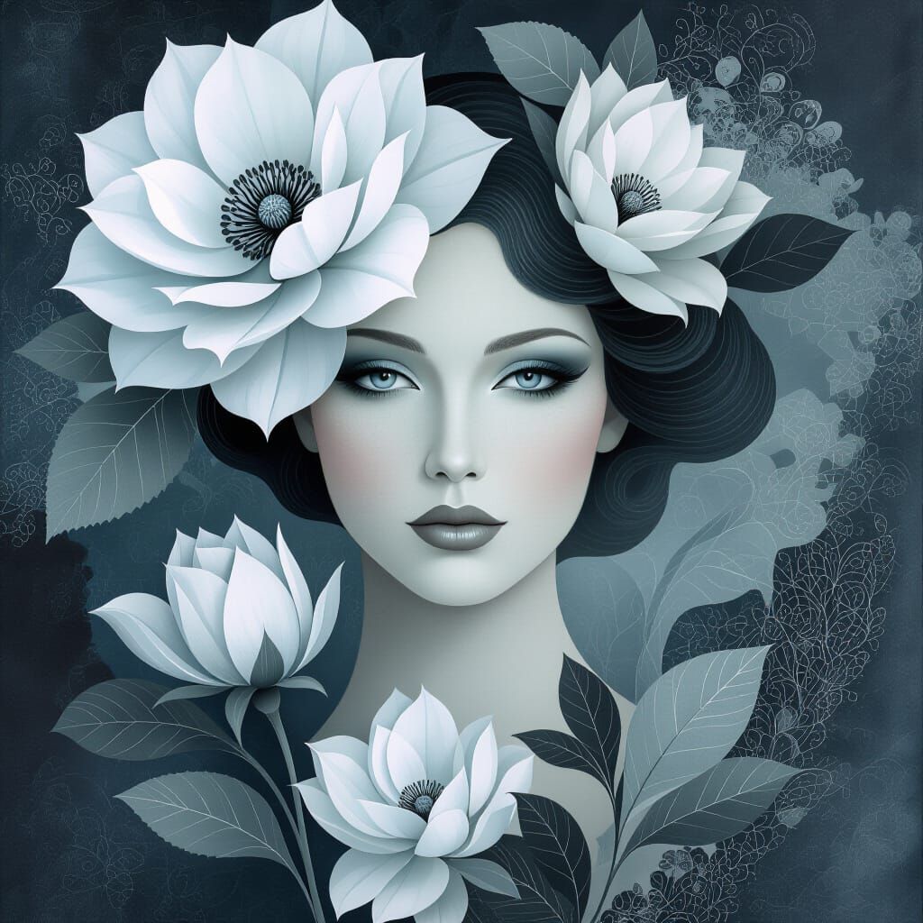 Elegant Monochromatic Floral Portrait in Aquarelle Style