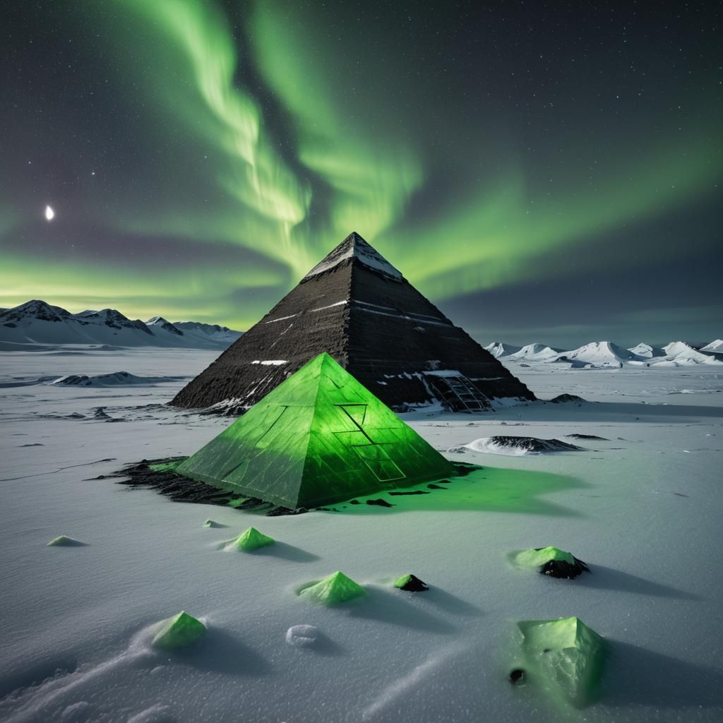 Arctic Pyramid Surrounded by Neon Nebula: Hyperrealistic Pho...
