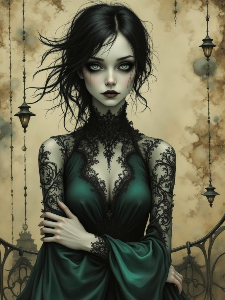 Ethereal Gothic Woman in Muted, Textured Landscape