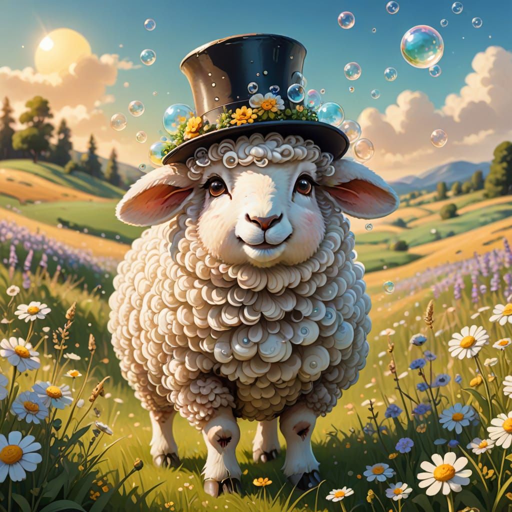 Whimsical Sheep in Top Hat Blowing Bubbles