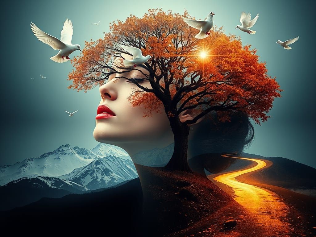 Surreal Autumn Goddess with Tree in Her Mind