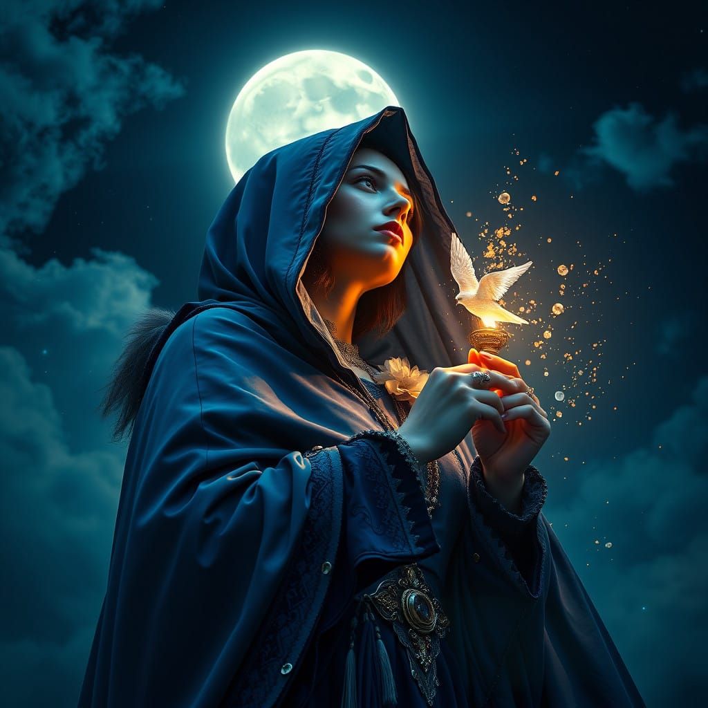 Mystical Woman Under Lunar Glow in a Dreamlike Scene