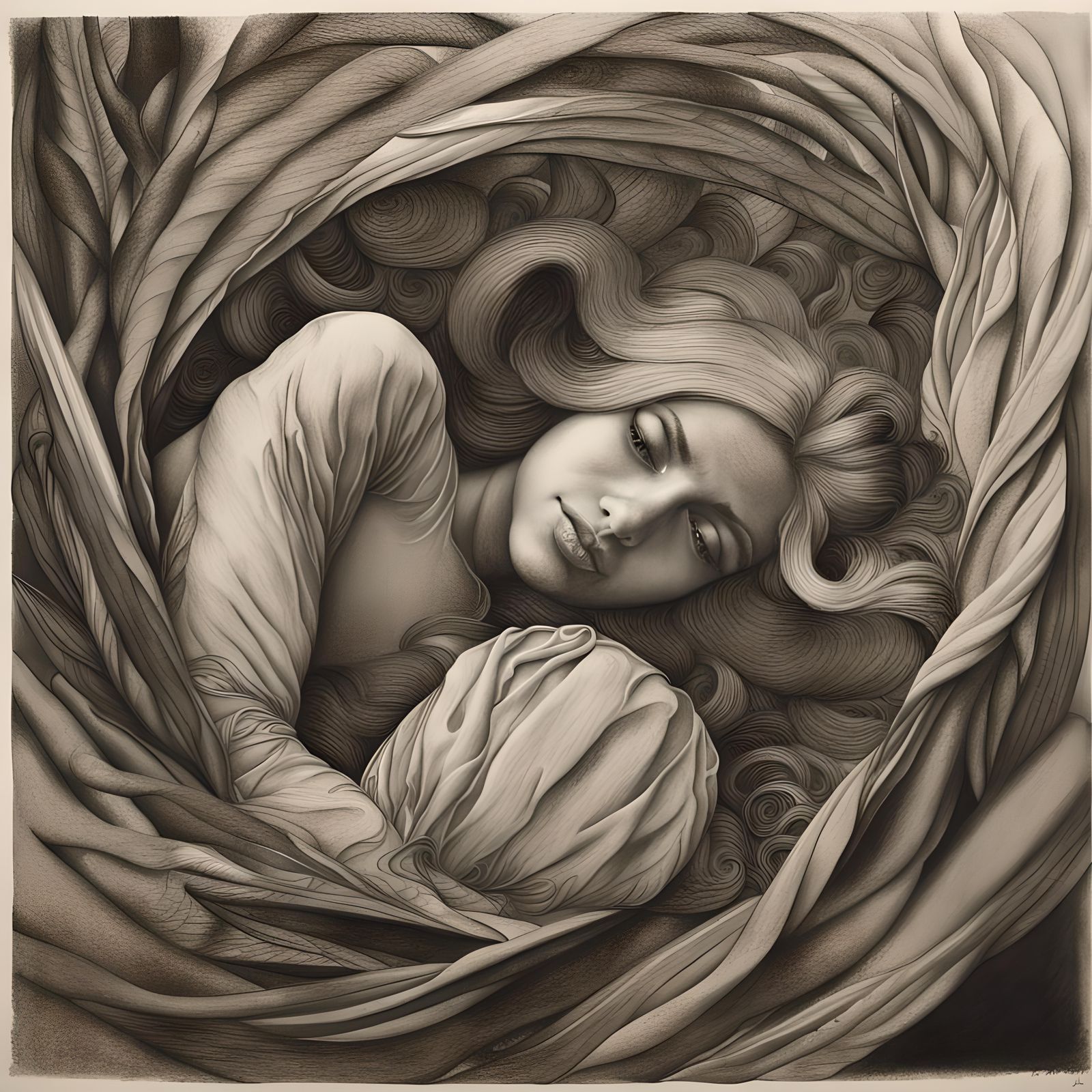 Feminine Figure in Twisted Pose: Detailed Charcoal Etching