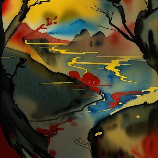Lunar New Year Chinese Landscape in Watercolor Style