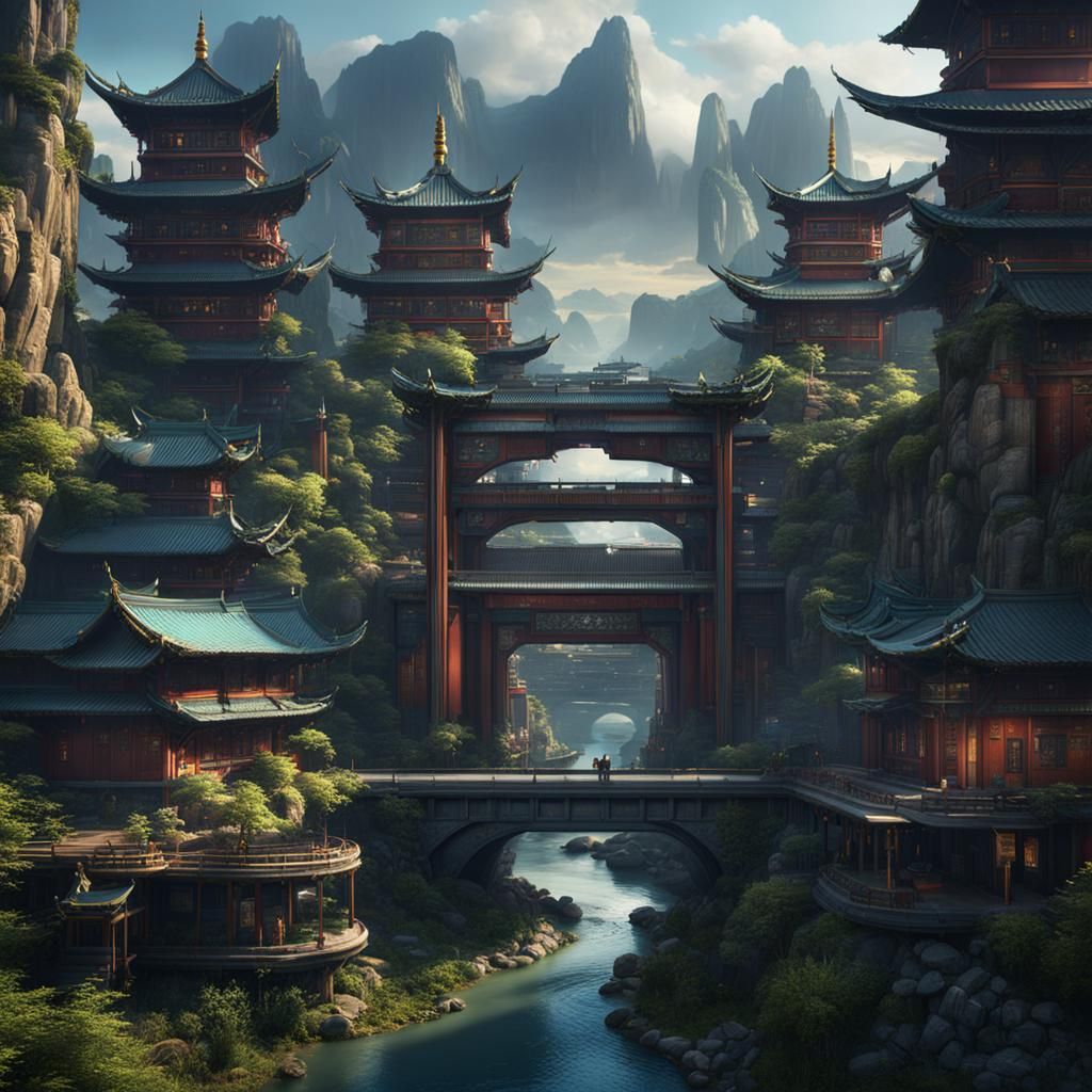 Futuristic Oriental City with Advanced Technology