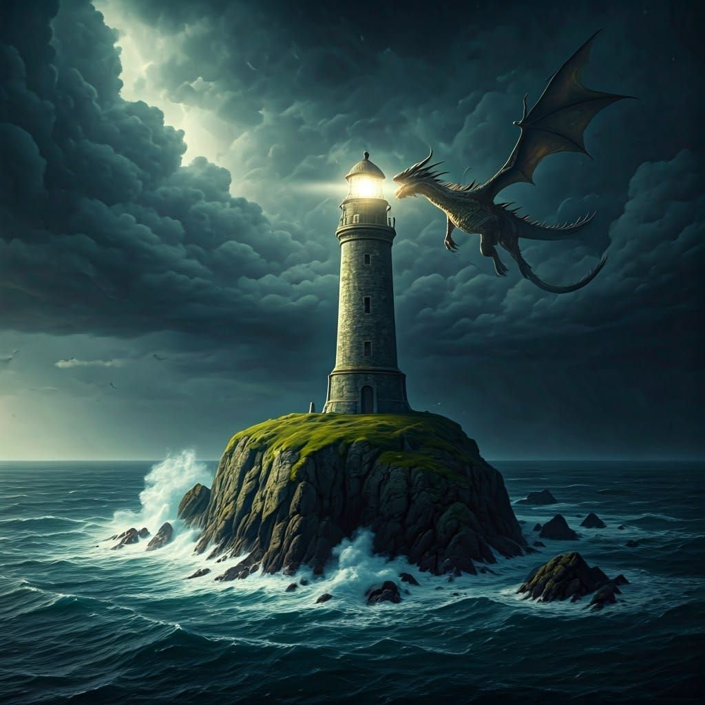 Epic Dragon Soars Above Lighthouse in Stormy Seascape