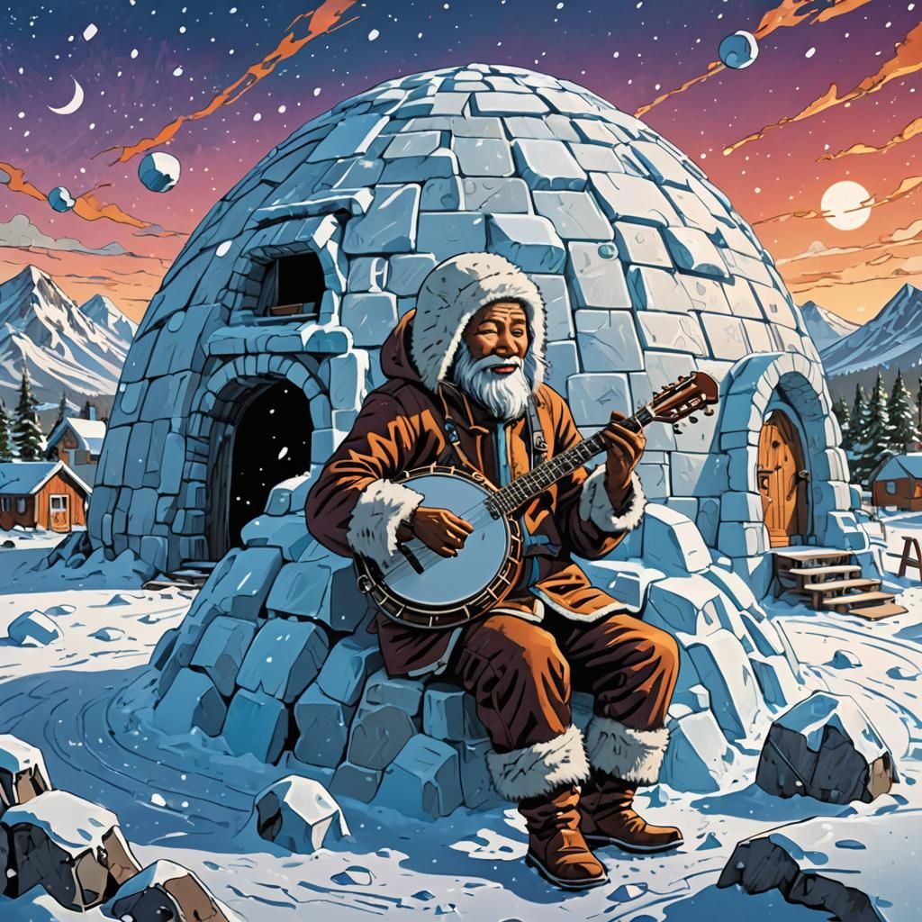 Eskimo Banjo Player in Comic Book Style