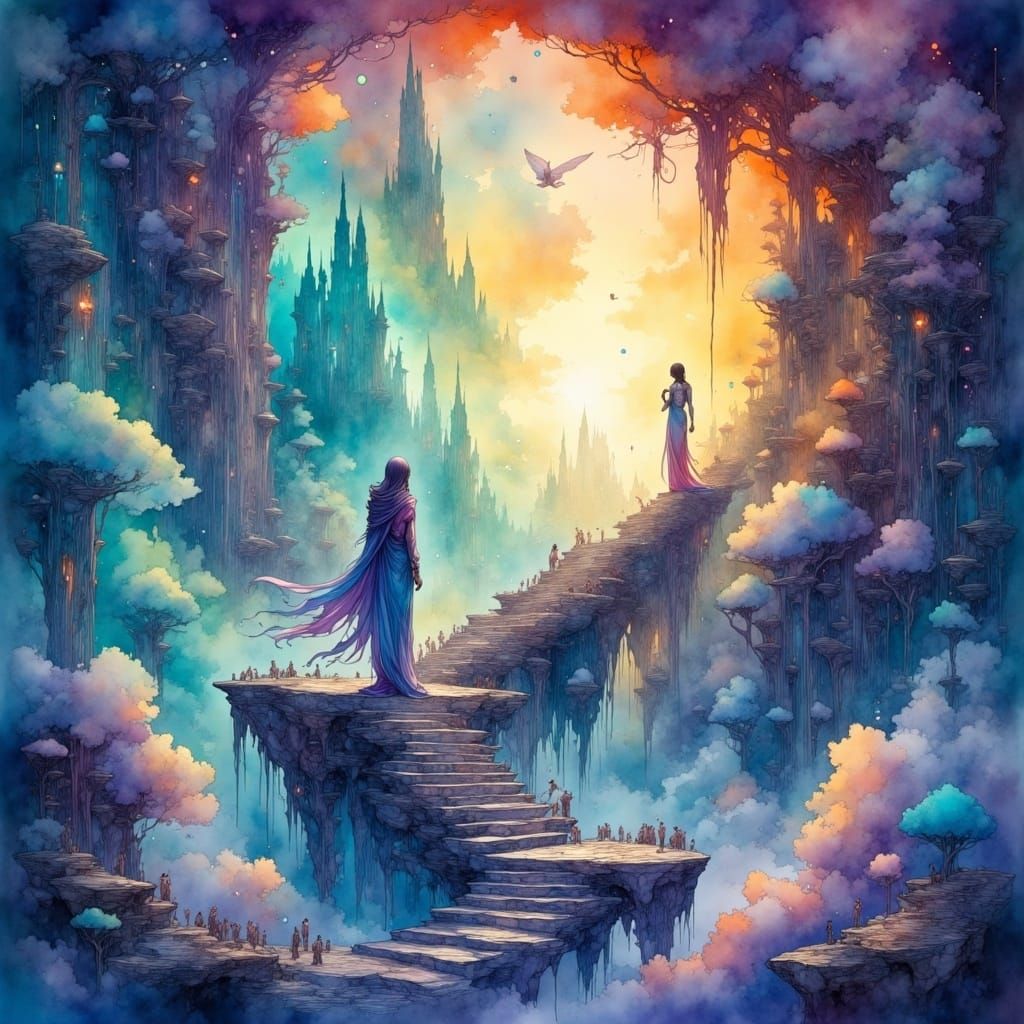 Ethereal Ascent Through Luminous Dreamscape in Whimsical Wat...