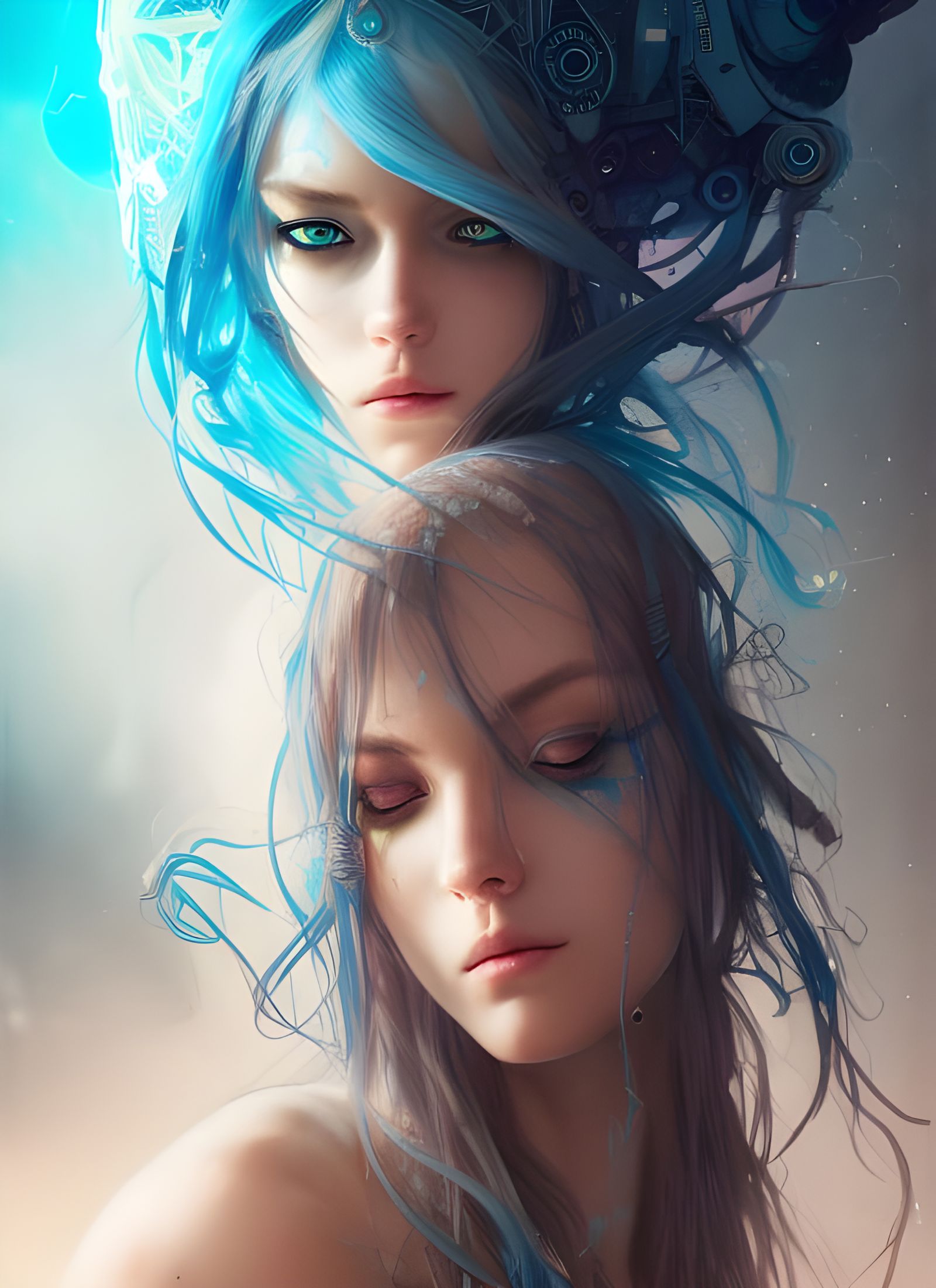 Cyberpunk Goddess with Blue Hair: Digital Art