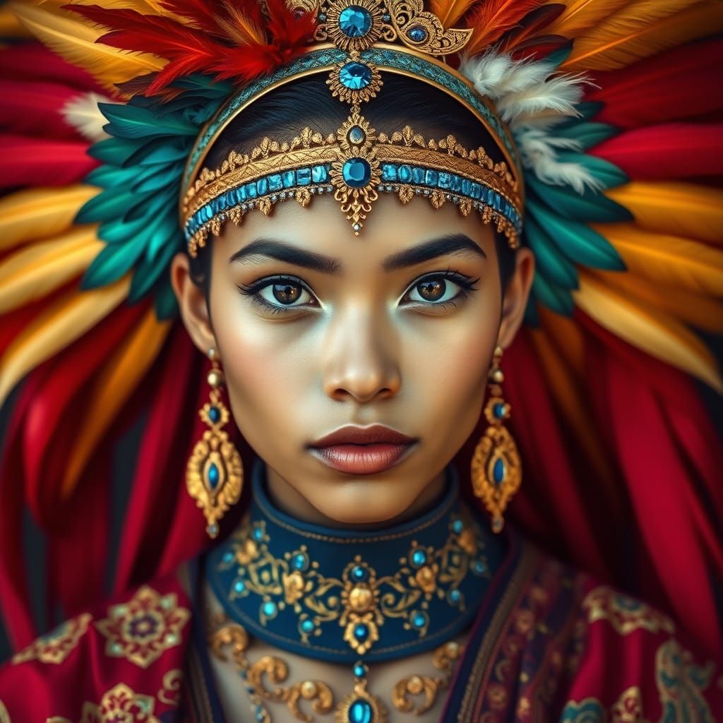 Venezuelan Latina Goddess with Multicolored Feather Headdres...