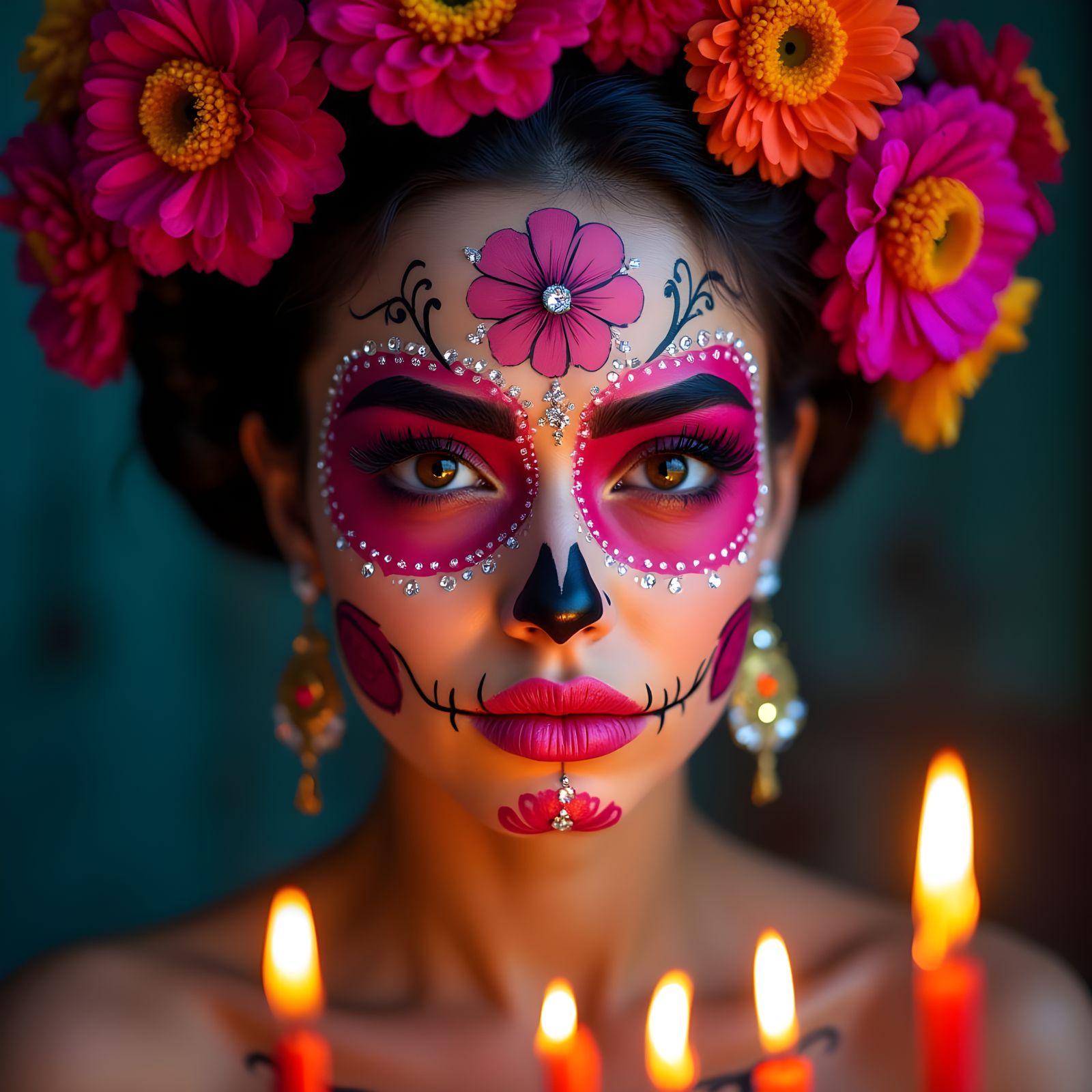 Woman Celebrating Dia de los Muertos with Vibrant Sugar Skul...