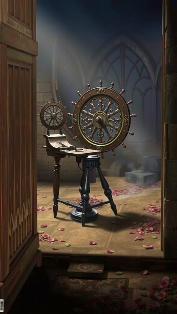 Medieval Spinning Wheel in Majestic Castle Tower with Roses
