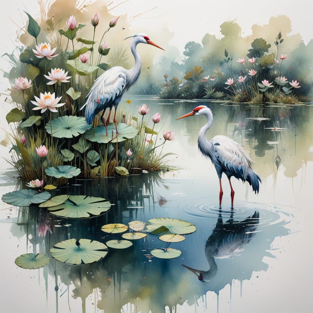 Monastery Amidst Lotus Blooms in Watercolour Style