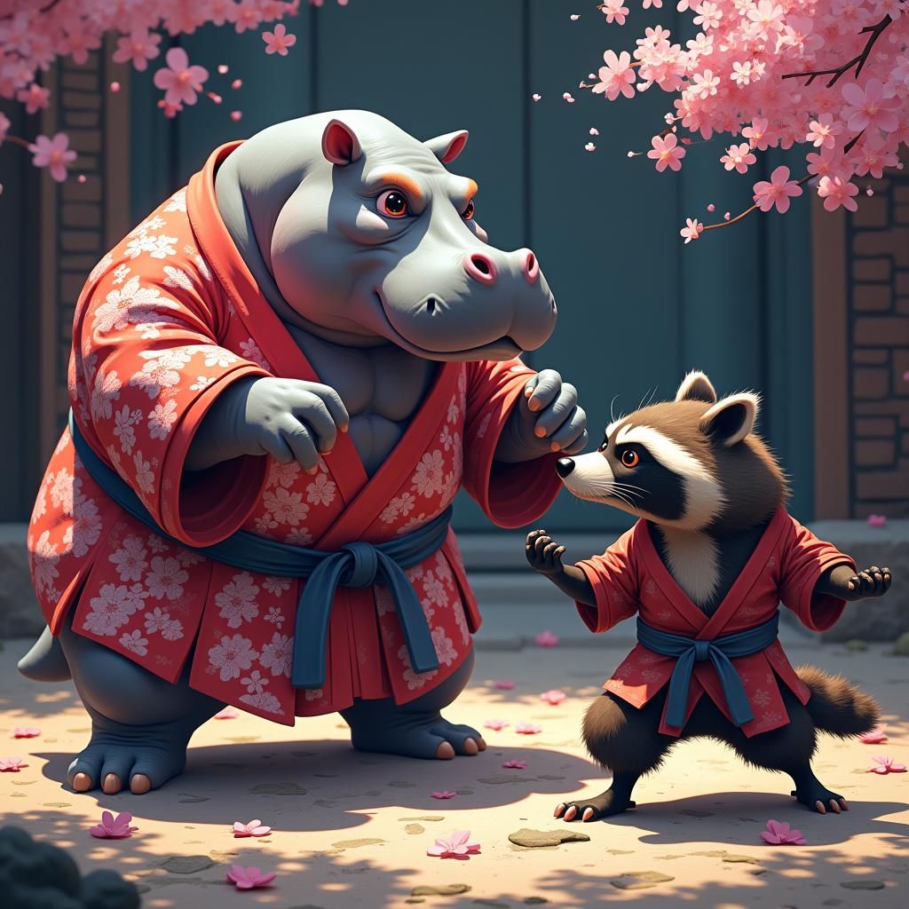 Hippo in Kimono Prepares for Karate Fight: Manga Style