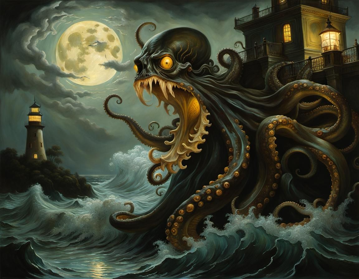 Macabre Octopus Attacks Lighthouse in Watercolor Style
