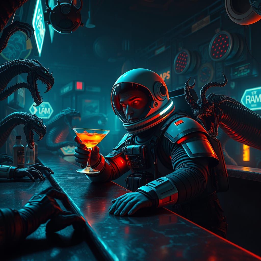 Astronaut at Monster Bar in Gritty Sci-Fi Style