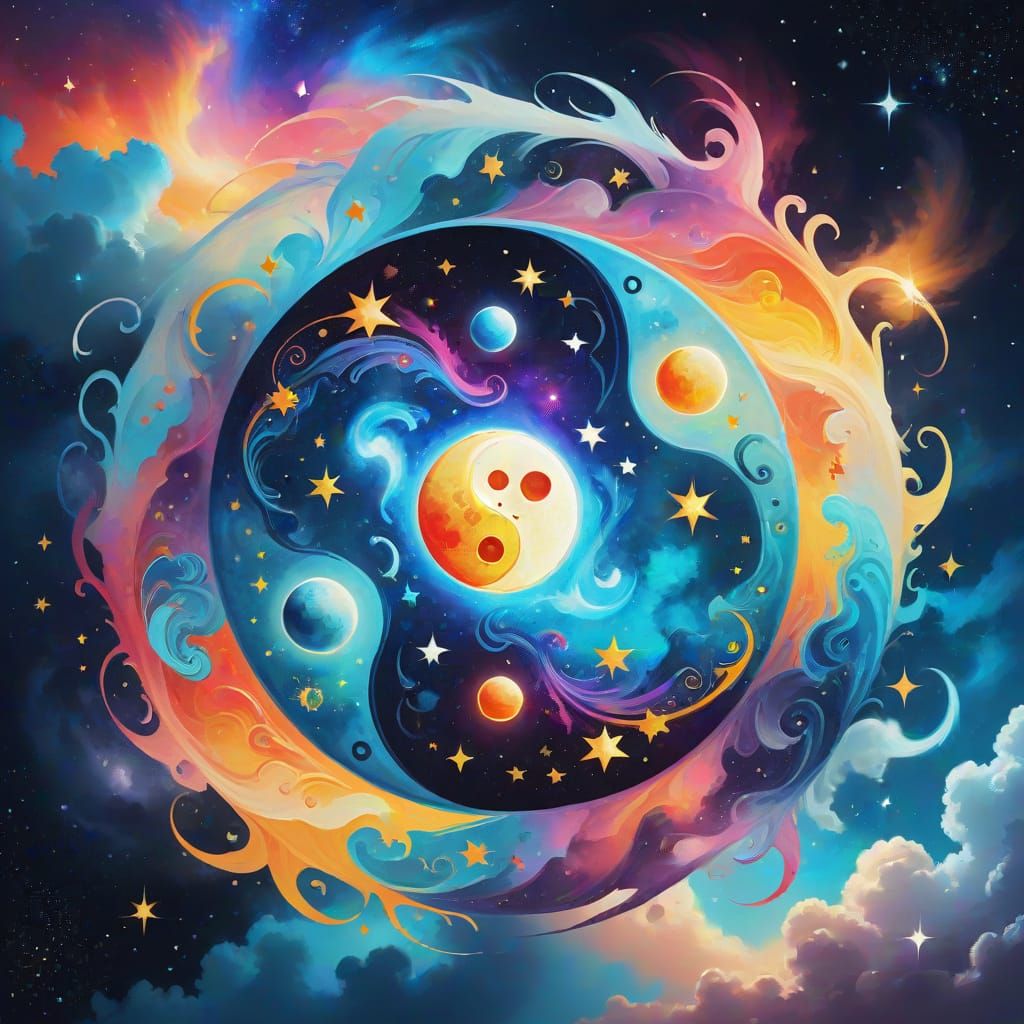 Surreal Cosmic Yin Yang with Celestial Bodies in Vibrant Pas...