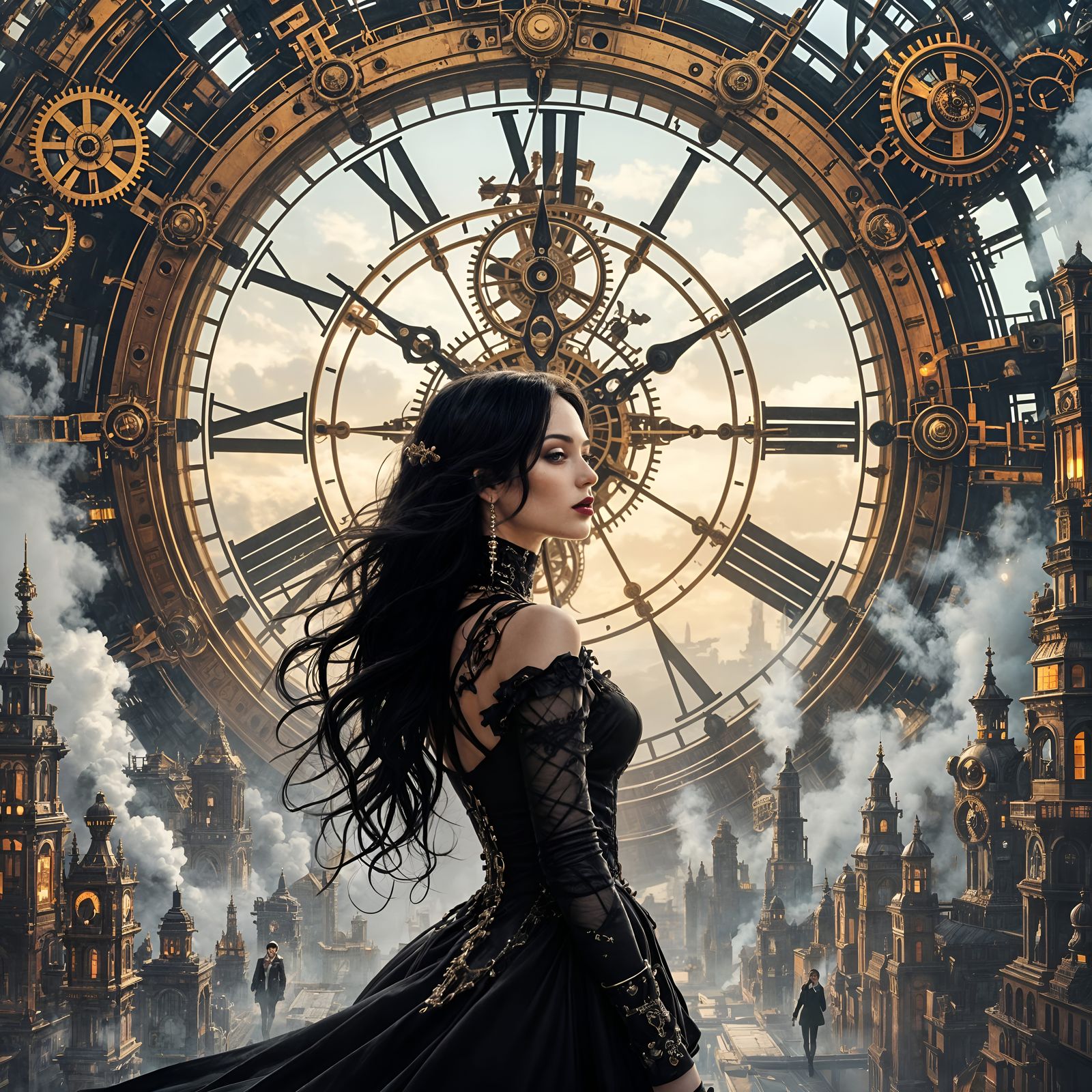 A raven-haired woman with striking red lips stands in the he...