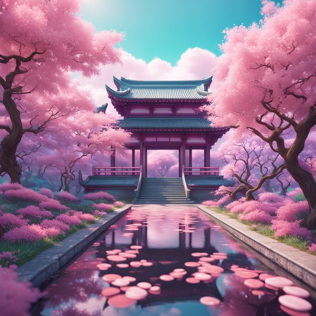 Sakura Garden in Vaporwave Aesthetic, Digital Art