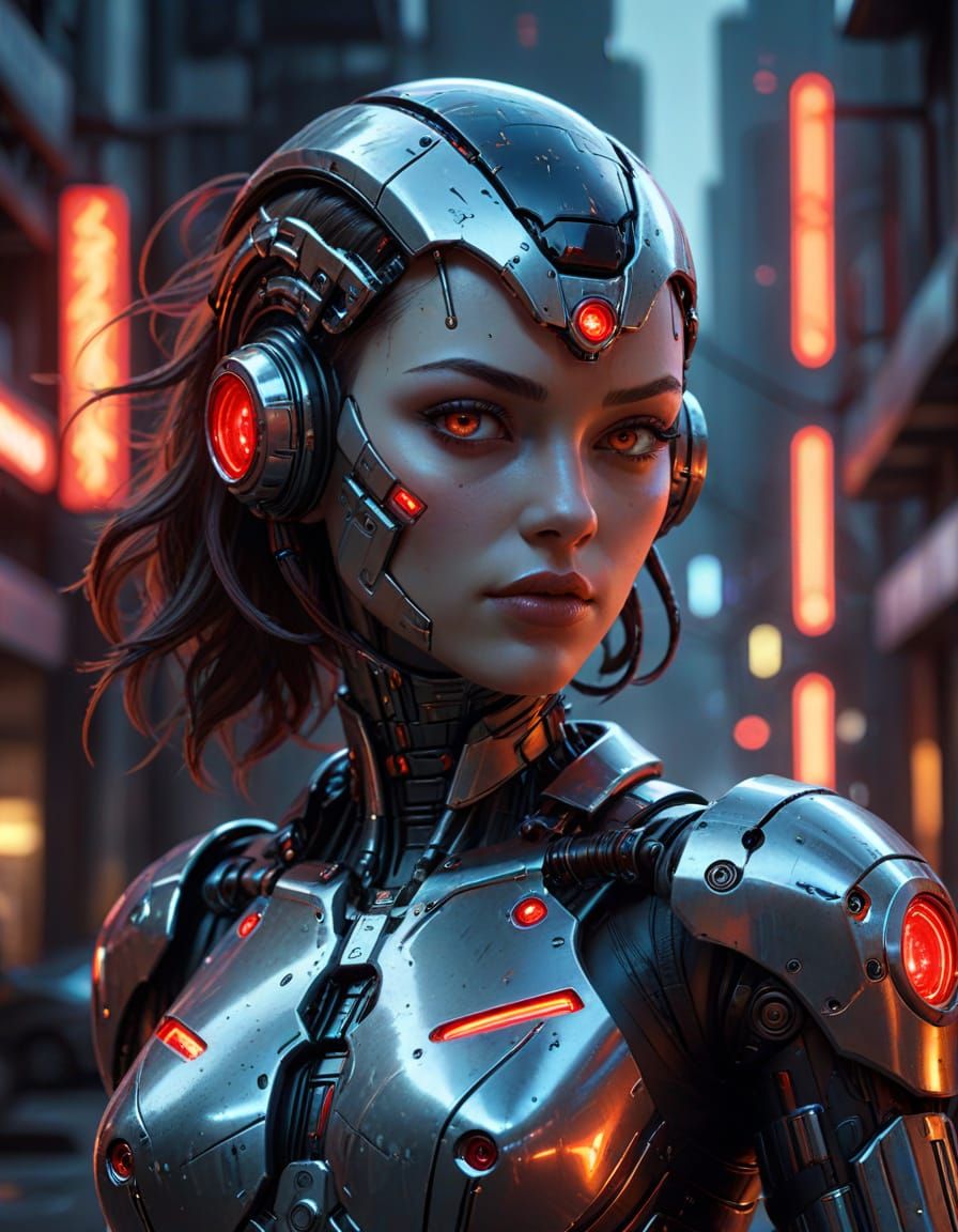 Cyberpunk Gynoid in Neon Cityscape: Hyper-Realistic Digital ...