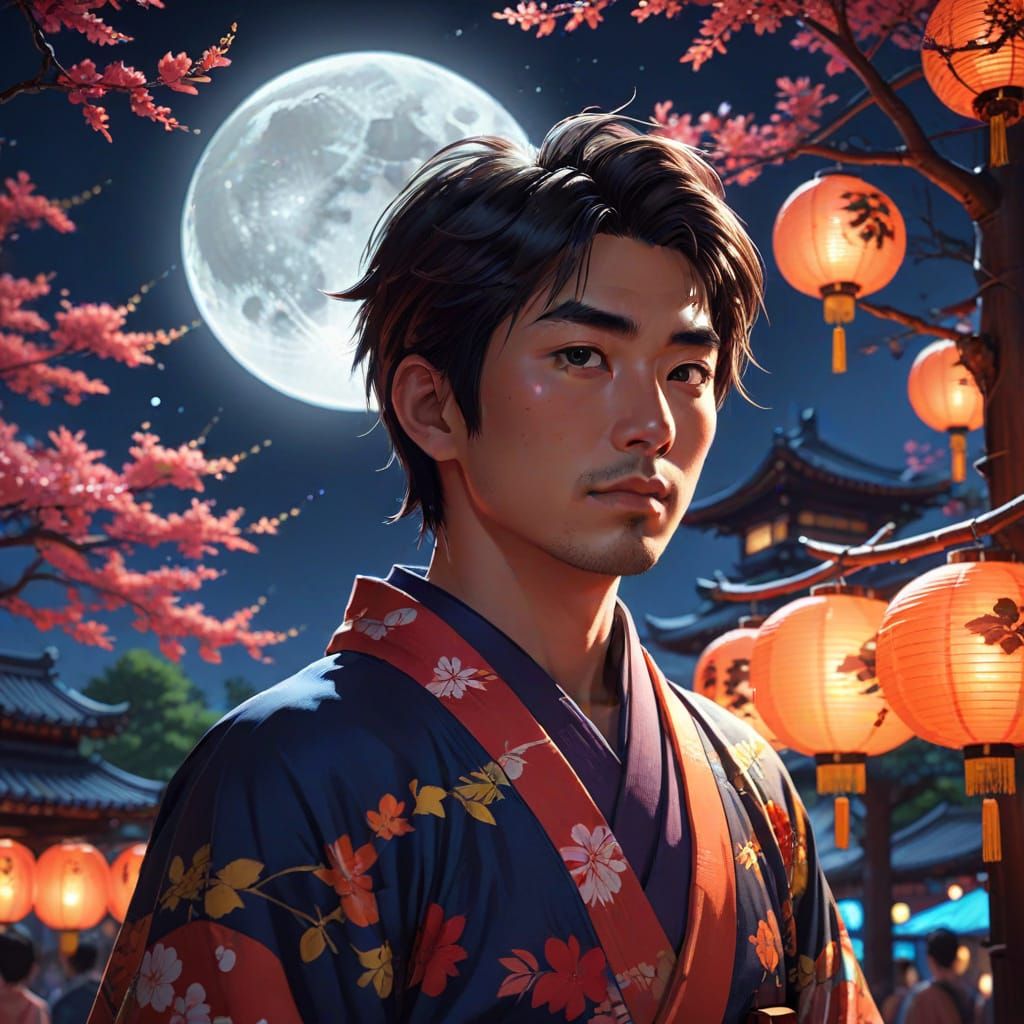 Japanese Man at Festival in Anime Style