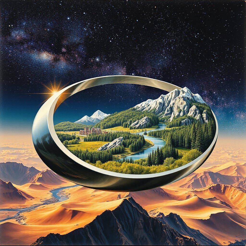 Surreal Metallic Möbius Strip Unfolds into Vibrant Cosmic La...