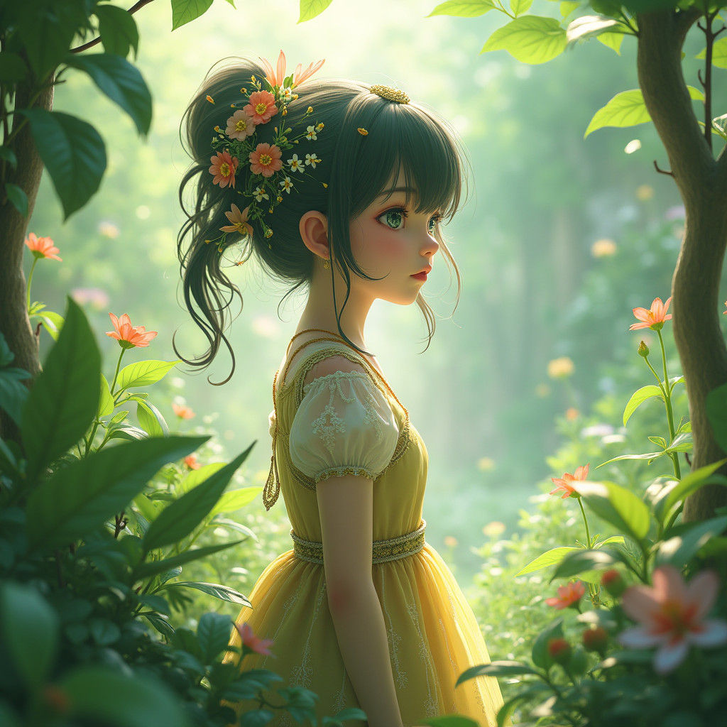 Delicate Girl with Flowers in Anime-Inspired Landscape