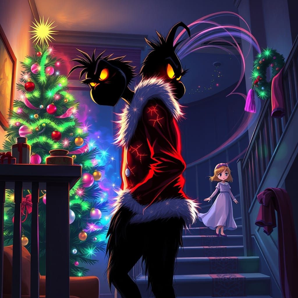 Dark Silhouette Grinch Steals Christmas Tree in Whoville