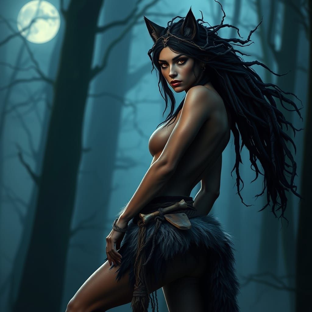 Beast-Woman in Misty Forest, Dark Fantasy Art